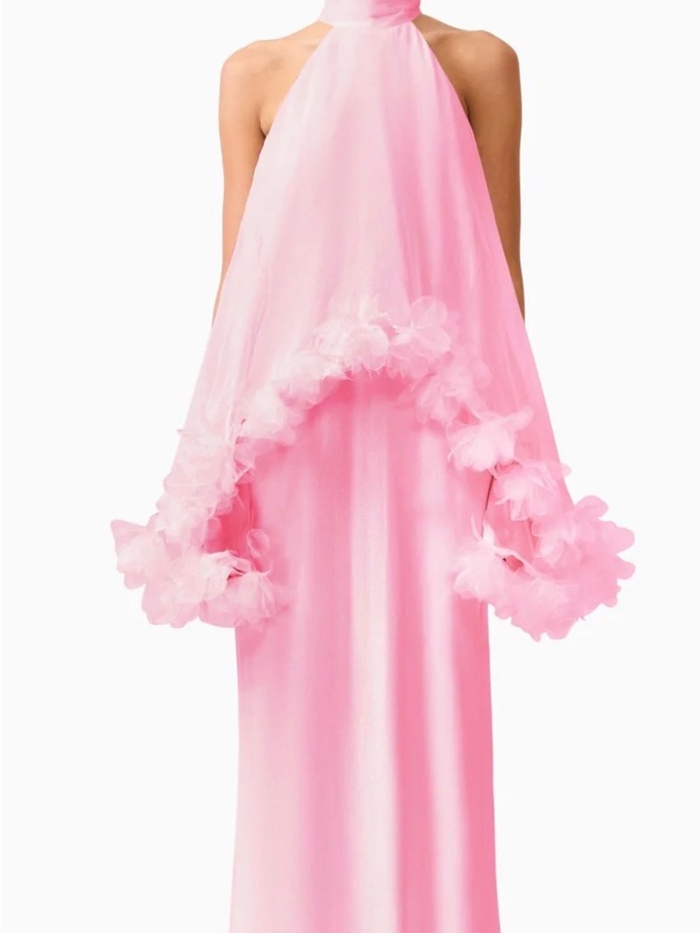 ELLIATT Poppy Cape Gown in Bubblegum Pink (Halter Maxi with Floral Ruffle Trim)